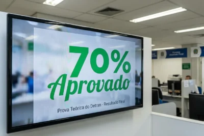 Gráfico mostrando 70% e a palavra 'Aprovado' em destaque para a prova teórica do Detran.