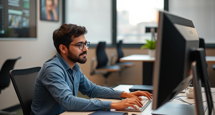 Candidato concentrado fazendo a prova teórica do Detran em computador