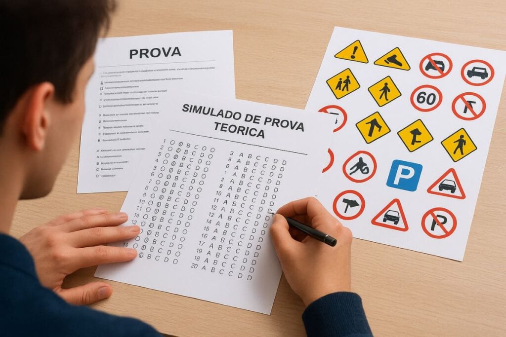 Ilustração de um simulado do Detran com 50 perguntas para estudo de trânsito”