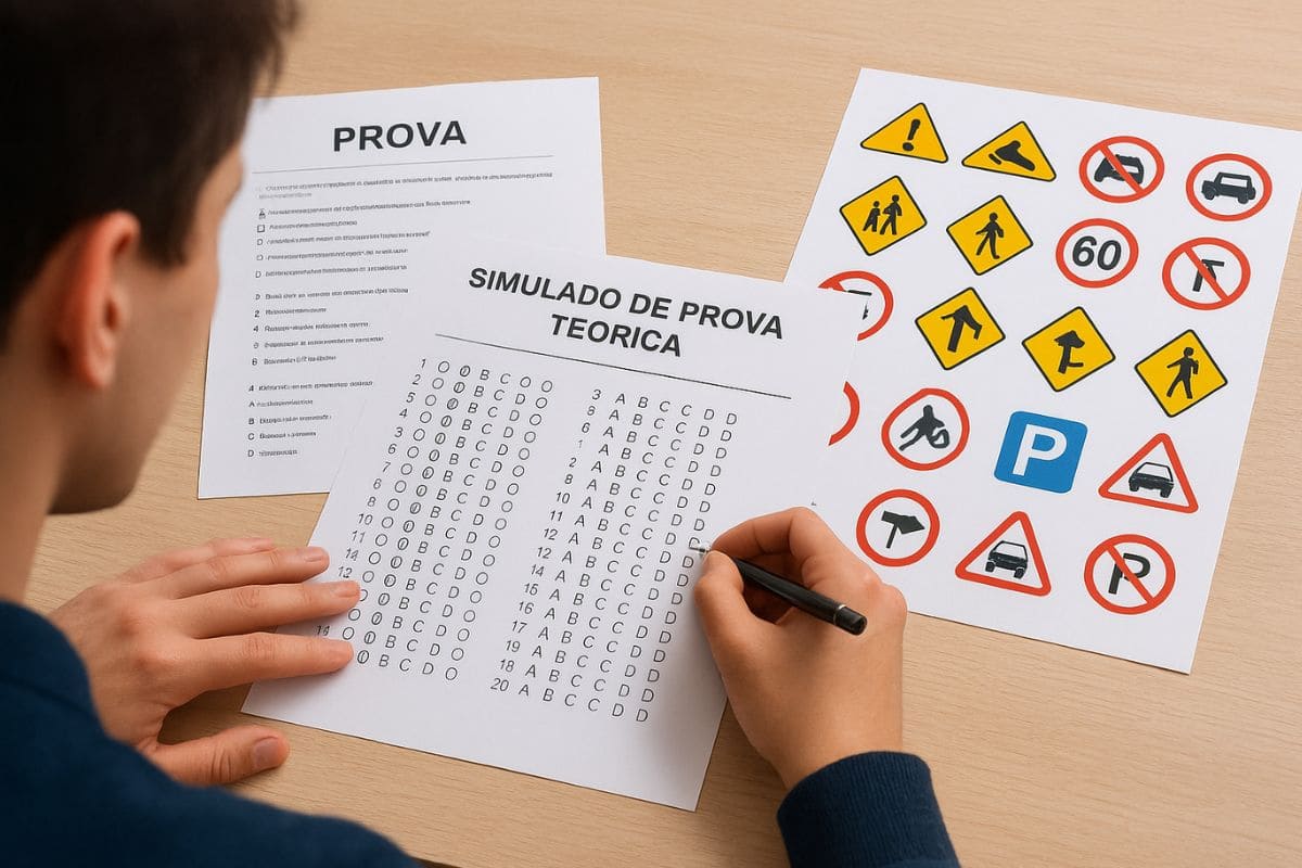 Ilustração de um simulado do Detran com 50 perguntas para estudo de trânsito”