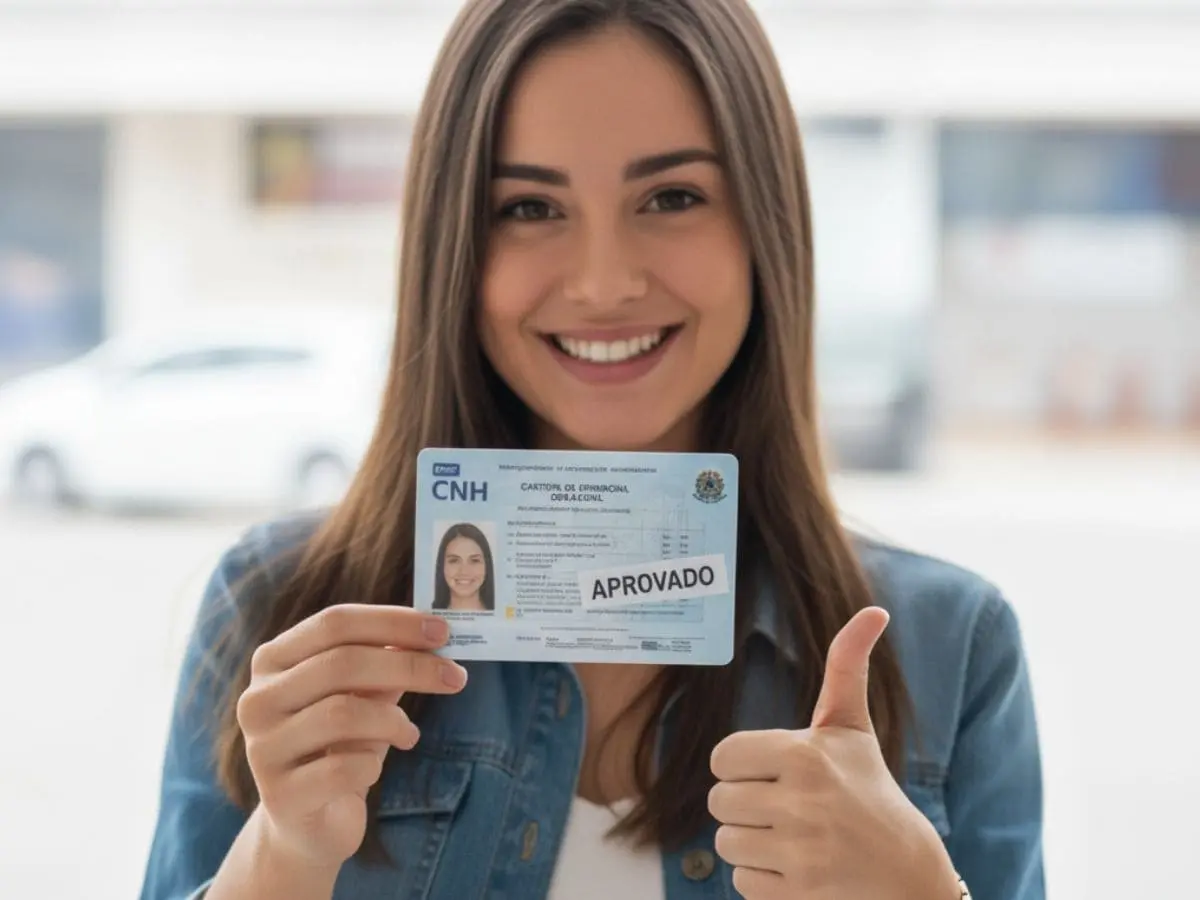 Pessoa segurando uma Carteira Nacional de Habilitação (CNH) ao lado de um carro, representando mudanças no processo de tirar carteira no Brasil.
