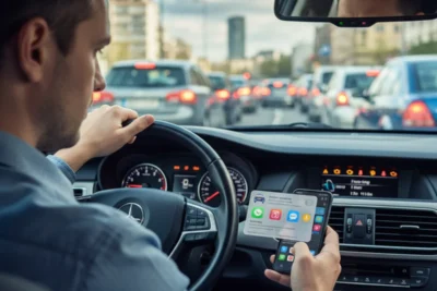 Motorista urbano em um engarrafamento, visualizando o painel do carro com luzes de alerta e um smartphone com notificações, simbolizando as multas “bobas” e a atenção distraída que podem custar caro.