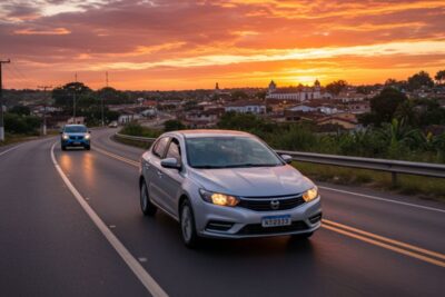 Imagem de um carro sendo dirigido em uma estrada, com um carro ao fundo e uma cidade pequena à direita com um pôr do sol. O título é como dirigir com segurança na cidade e na estrada