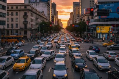 Imagem de um cruzamento movimentado com sinais de trânsito e carros, simbolizando as regras esquecidas no trânsito.