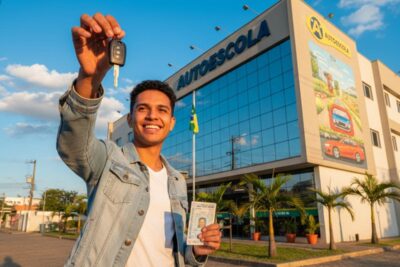 Imagem de uma pessoa jovem sorrindo e segurando uma chave de carro, com o prédio de uma autoescola ao fundo, representando a conquista da CNH.