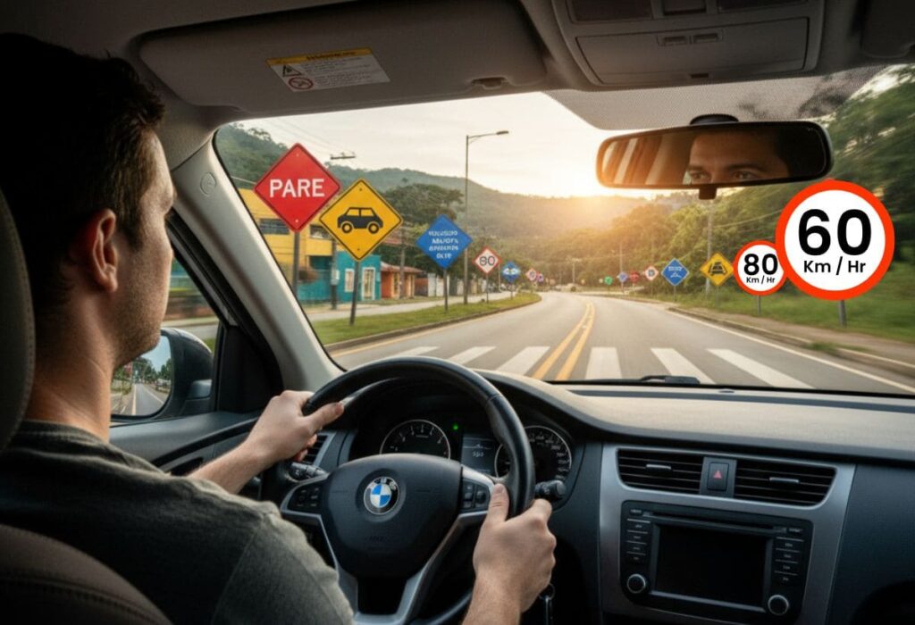 Motorista lendo sinais de trânsito variados em uma estrada urbana e rural, com foco na rapidez de reconhecimento