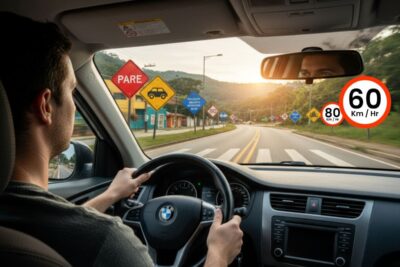 Motorista lendo sinais de trânsito variados em uma estrada urbana e rural, com foco na rapidez de reconhecimento
