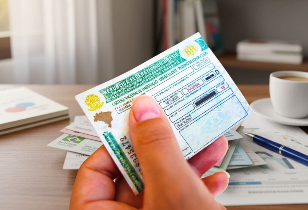 Pessoa segurando uma CNH e Pilha de documentos de identificação e comprovantes sobre uma mesa, simbolizando a preparação para tirar a habilitação.