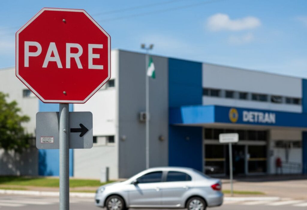 Sinal de trânsito vermelho de 'Pare' com um carro em segundo plano, simbolizando a proibição de dirigir sem habilitação e o aviso 'Cuidado não dirija para o Detran se ainda não tem habilitação!'