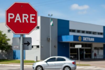 Sinal de trânsito vermelho de 'Pare' com um carro em segundo plano, simbolizando a proibição de dirigir sem habilitação e o aviso 'Cuidado não dirija para o Detran se ainda não tem habilitação!'