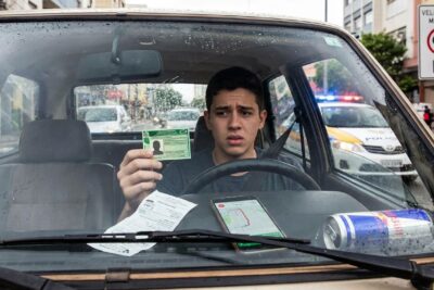Jovem motorista com CNH provisória preocupado, ilustrando infrações que levam à perda da licença.