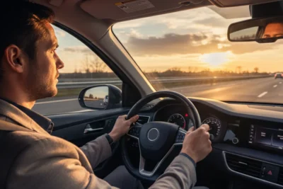 Imagem de um motorista atento ao volante, com foco na estrada e nos espelhos retrovisores, simbolizando a prática da direção defensiva.