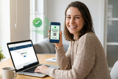 Ilustração de pessoa aprovada em exame médico CNH online, simbolizando facilidade no processo.