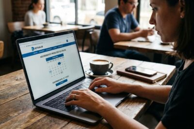 Mulher digitando num notebook, com tela exibindo o processo de agendamento online de prova prática do Detran.