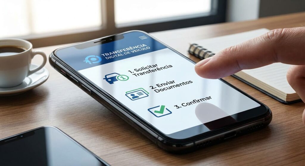 Ilustração de um smartphone com o aplicativo do Detran, mostrando o passo a passo para transferência digital de veículo.