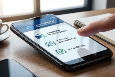 Ilustração de um smartphone com o aplicativo do Detran, mostrando o passo a passo para transferência digital de veículo.
