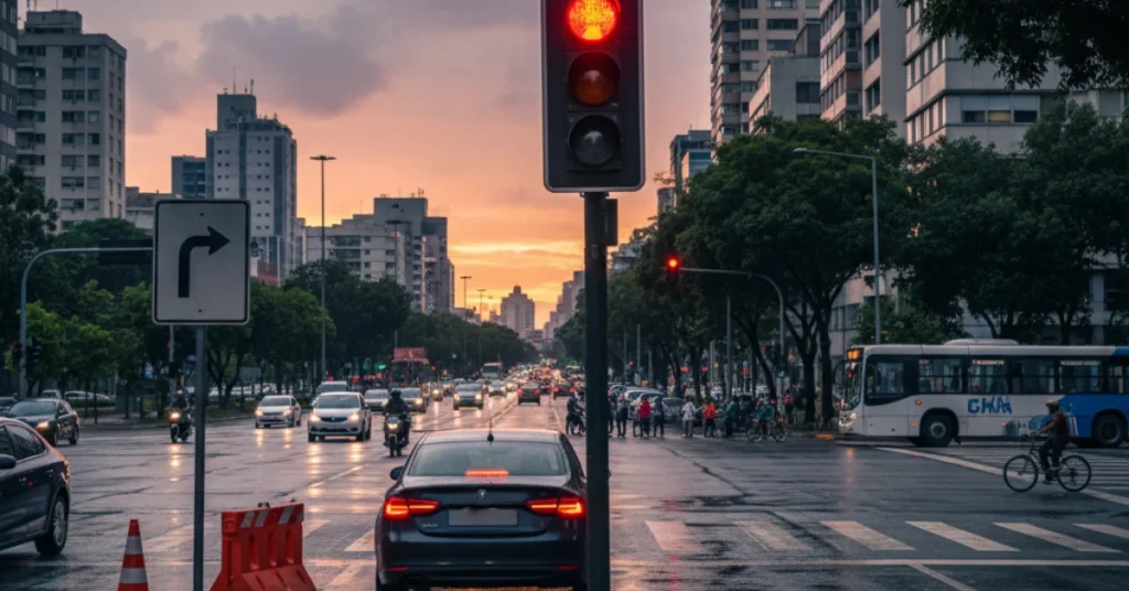Imagem de um semáforo com o sinal vermelho aceso, e um carro parado em primeiro plano, simbolizando a importância de respeitar as leis de trânsito e o impacto das infrações leves, médias e graves.