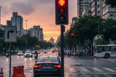 Imagem de um semáforo com o sinal vermelho aceso, e um carro parado em primeiro plano, simbolizando a importância de respeitar as leis de trânsito e o impacto das infrações leves, médias e graves.