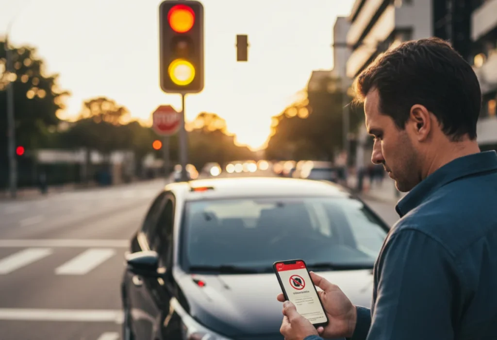 Imagem de um motorista recebendo uma notificação de multa de trânsito em um smartphone, com o carro estacionado ao fundo e um semáforo indicando alerta, simbolizando a importância da atenção às regras de trânsito.