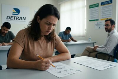 Pessoa realizando testes psicotécnicos do Detran para habilitação, focando em atenção e raciocínio.