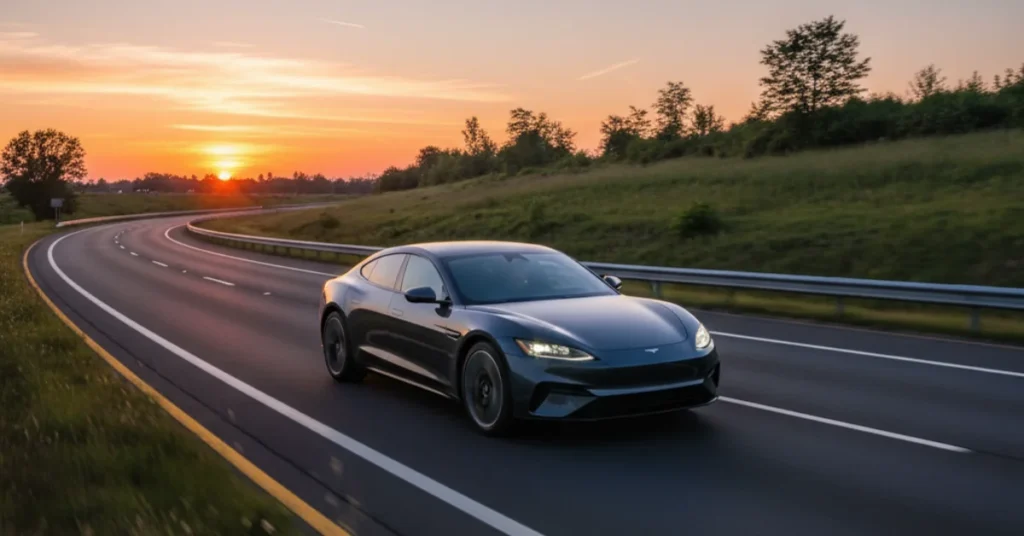 Imagem de um carro moderno com os faróis acesos, rodando em uma estrada ao entardecer, simbolizando a importância do uso correto da iluminação veicular para segurança e para evitar multas.