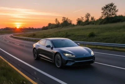Imagem de um carro moderno com os faróis acesos, rodando em uma estrada ao entardecer, simbolizando a importância do uso correto da iluminação veicular para segurança e para evitar multas.