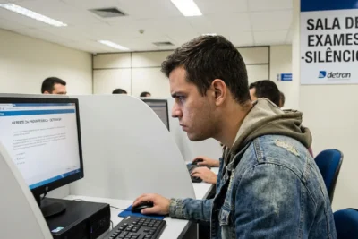 Candidato realizando reteste da prova teórica no Detran, concentrado na sala de exame.