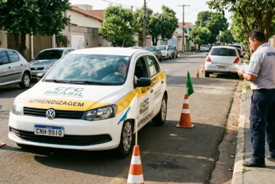 Carro autoescola posicionado em vaga de baliza para treino do exame da CNH, sob olhar de instrutor.