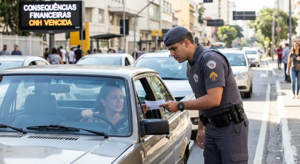Consequências financeiras de CNH vencida: policial entrega multa a motorista em carro abordado.