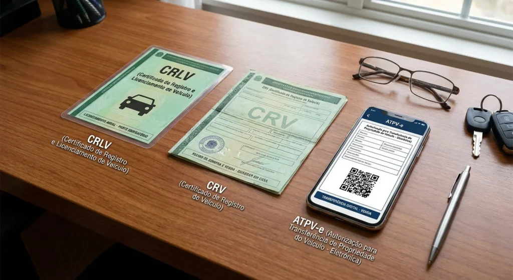 Diferenças entre CRLV, CRV e ATPV-e ilustradas para proprietários de veículos.