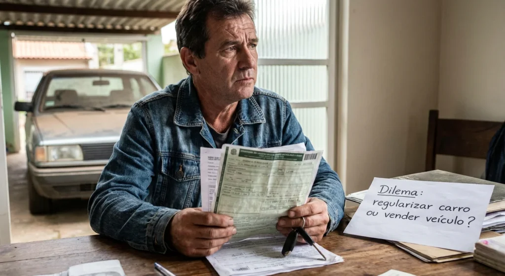 Dilema: regularizar carro ou vender veículo? Homem pensativo com documentos e chaves de carro na mão.