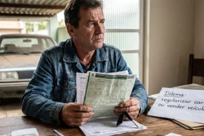 Dilema: regularizar carro ou vender veículo? Homem pensativo com documentos e chaves de carro na mão.
