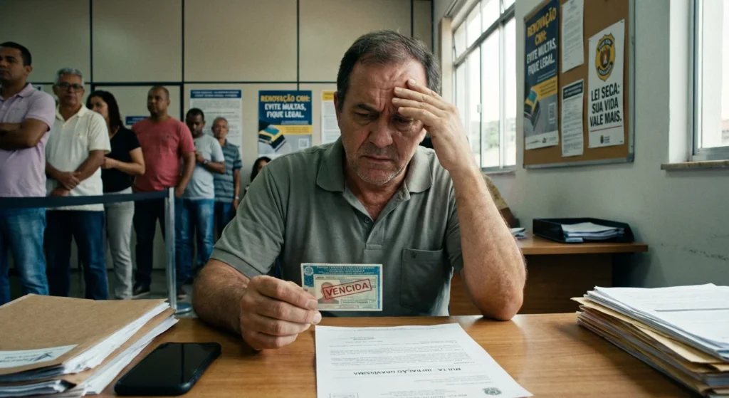 Homem preocupado com CNH expirada e a possibilidade de multa. Foco em renovação e legalidade.