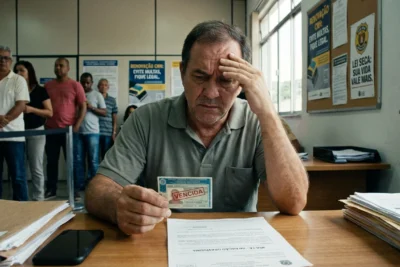 Homem preocupado com CNH expirada e a possibilidade de multa. Foco em renovação e legalidade.