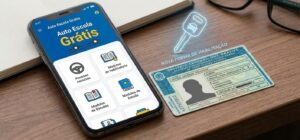 Ilustração de app 'Auto Escola Grátis', smartphone e CNH ao lado, simbolizando nova forma de tirar habilitação.