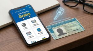 Ilustração de app 'Auto Escola Grátis', smartphone e CNH ao lado, simbolizando nova forma de tirar habilitação.