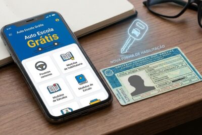 Ilustração de app 'Auto Escola Grátis', smartphone e CNH ao lado, simbolizando nova forma de tirar habilitação.