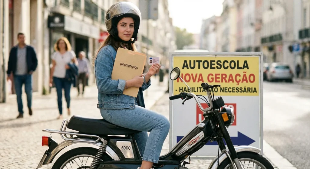 Jovem pilota moto 50cc, com documentação e capacete, representando a necessidade de habilitação para ciclomotores.