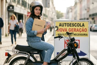 Jovem pilota moto 50cc, com documentação e capacete, representando a necessidade de habilitação para ciclomotores.