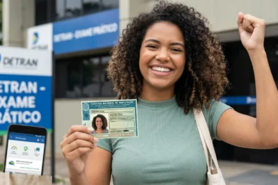 Jovem sorrindo ao segurar sua CNH, simbolizando aprovação em exame sem aulas tradicionais de autoescola.