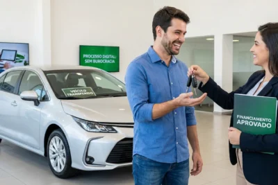 Pessoa feliz recebendo chaves após transferência de veículo financiado completa, sem burocracia ou falhas.
