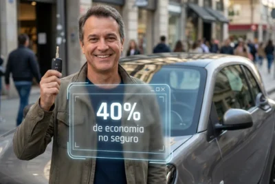 Pessoa sorrindo com chave de carro, ao lado de um pop-up virtual indicando '40% de economia no seguro'.