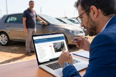 Pessoa verificando débitos veiculares em notebook antes de comprar. Consulta de dívidas de veículos usados.