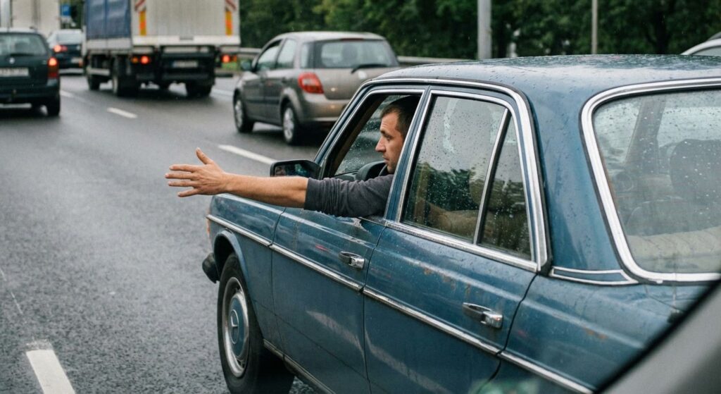 Sinalização manual: Braço estendido à esquerda pelo motorista, alertando outros veículos da intenção.