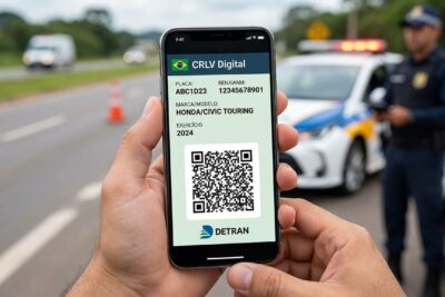 Smartphone exibindo o CRLV Digital, com informações do veículo e QR code visíveis para verificação.