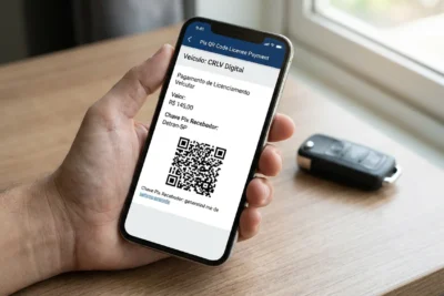 Smartphone exibindo tela de pagamento Pix para licenciamento veicular e agilidade na liberação do CRLV digital.