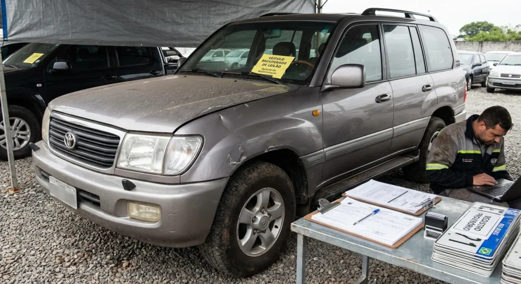 Veículo recuperado de leilão, aguardando documentação e registro, exibindo detalhes do processo de regularização.