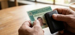 Mãos seguram CNH, parte da identidade oculta, foco na licença de motorista