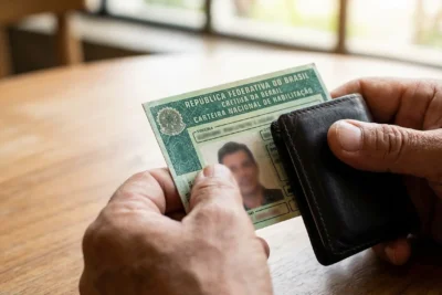 Mãos seguram CNH, parte da identidade oculta, foco na licença de motorista