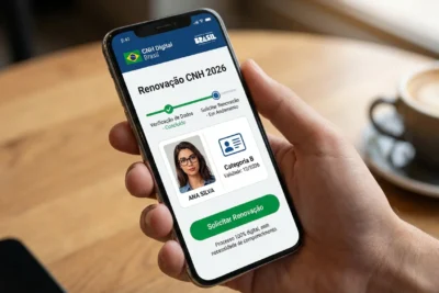 Tela de smartphone exibindo a renovação da CNH digital via app CNH Brasil, um recurso de 2026.